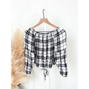 Hollister Plaid Off Shoulder Top Women’s Small Black White Tie Front Ruffle Hem